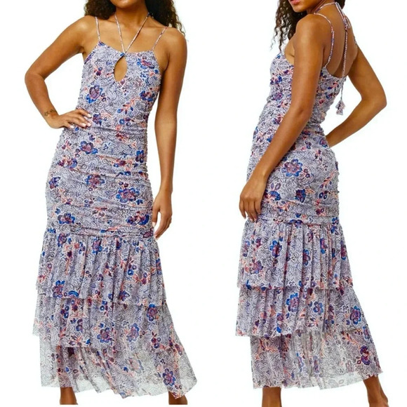 MISA Los Angeles Nicola Floral Mesh Halter Midi Dress Blue Size XS NWT - Picture 1 of 15